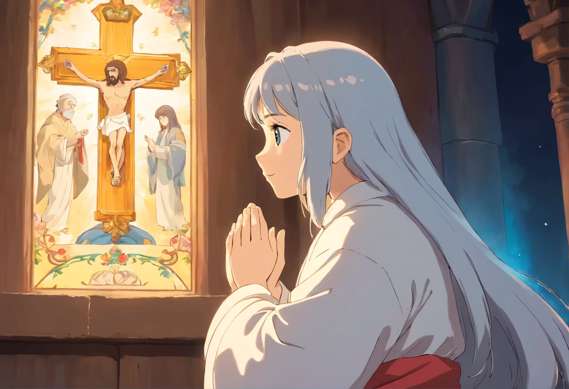 "Generate an image of Jesus in your profile, Capture in moments of deep prayer, Gently clasp your hands together,big cross."