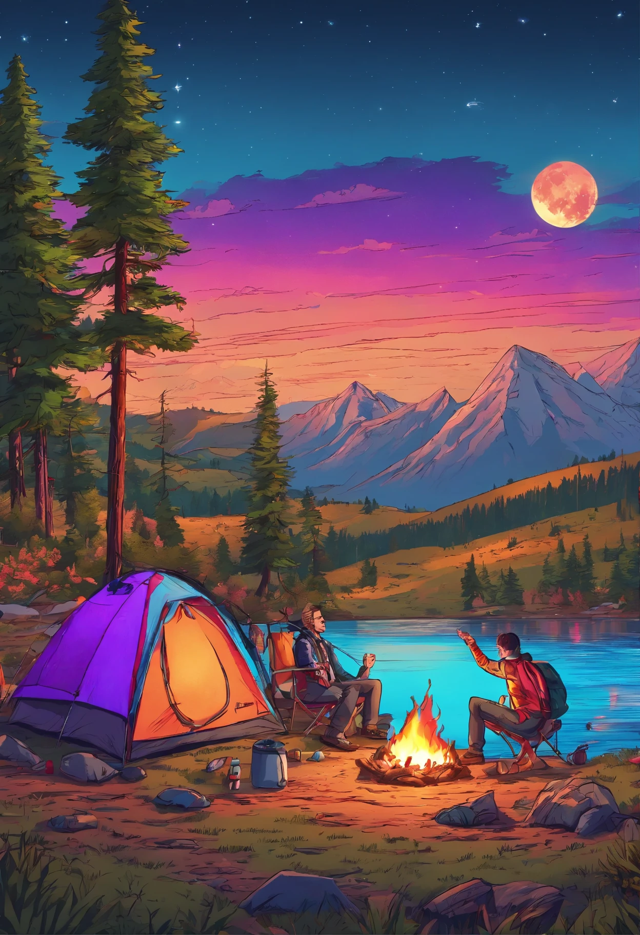 Ultra HD, Masterpiece, Award-Winning Quality, High Resolution, 8K, High Detail, Outdoor Camping, Campervan, Campsite, Tent, Crowd Having Fun by Campfire, Lake, Trees, Night, Starry Sky, Amazing View