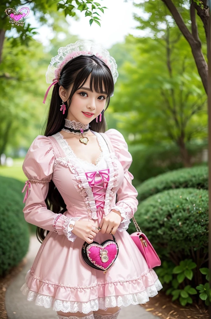 sexy stylish Thai model, only 1 female, ((doll-like appearance)), long neon pink stylish hair, ((very detailed Victorian-Style boots)), (big smile), ultra detailed eyes, very detailed eye makeup, lipgloss, long lashes, defined eyebrows, ((sexy Sweet Lolita cosplay)), bell-shaped skirt, petticoats, high neckline, puffed sleeves, ((ultra detailed lace)), ((ultra detailed embroidery)), intricate details, animals, fairy tales, heart-shaped bag, Sweet Lolita accessoires, large bow, Sweet Lolita choker, ((large sparkling Sweet Lolita jewelry)), cinematic light, detailed large park background with trees 