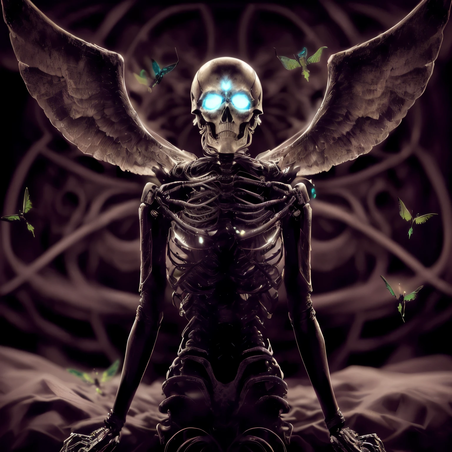 blurred image of a skeleton with wings and a glowing head, cosmic horror entity with wings, linda garota anjo ciborgue, dmt ego da morte, arte digital escura, mas detalhada, Mechanical Angel, O anjo da morte, portrait of O anjo da morte, humano alado, bio RH giger style, futuristic robot angel, morte do ego dmt