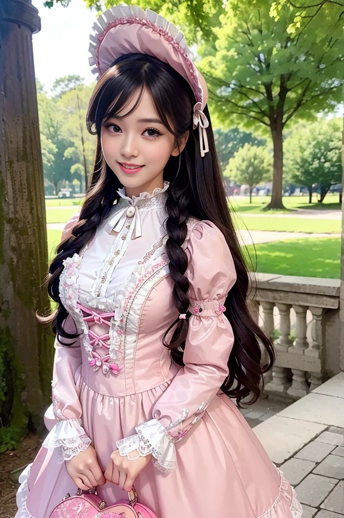 sexy stylish Thai model, only 1 female, ((doll-like appearance)), long neon pink stylish hair, ((very detailed Victorian-Style boots)), (big smile), ultra detailed eyes, very detailed eye makeup, lipgloss, long lashes, defined eyebrows, ((sexy Sweet Lolita cosplay)), bell-shaped skirt, petticoats, high neckline, puffed sleeves, ((ultra detailed lace)), ((ultra detailed embroidery)), intricate details, animals, fairy tales, heart-shaped bag, Sweet Lolita accessoires, large bow, Sweet Lolita choker, ((large sparkling Sweet Lolita jewelry)), cinematic light, detailed large park background with trees