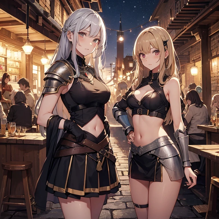 A group of female medieval fantasy adventurers, (in tavern), various hair styles, harem, night, details face, short skirt, seducing, sleeveless, armor, midriff