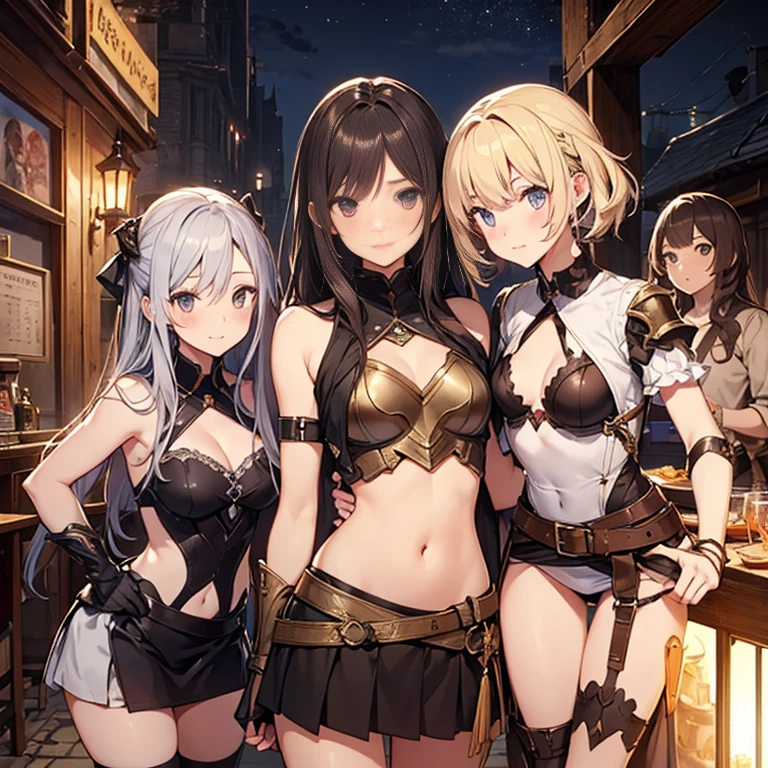 A group of female medieval fantasy adventurers, (in tavern), various hair styles, harem, night, details face, short skirt, seducing, sleeveless, armor, midriff
