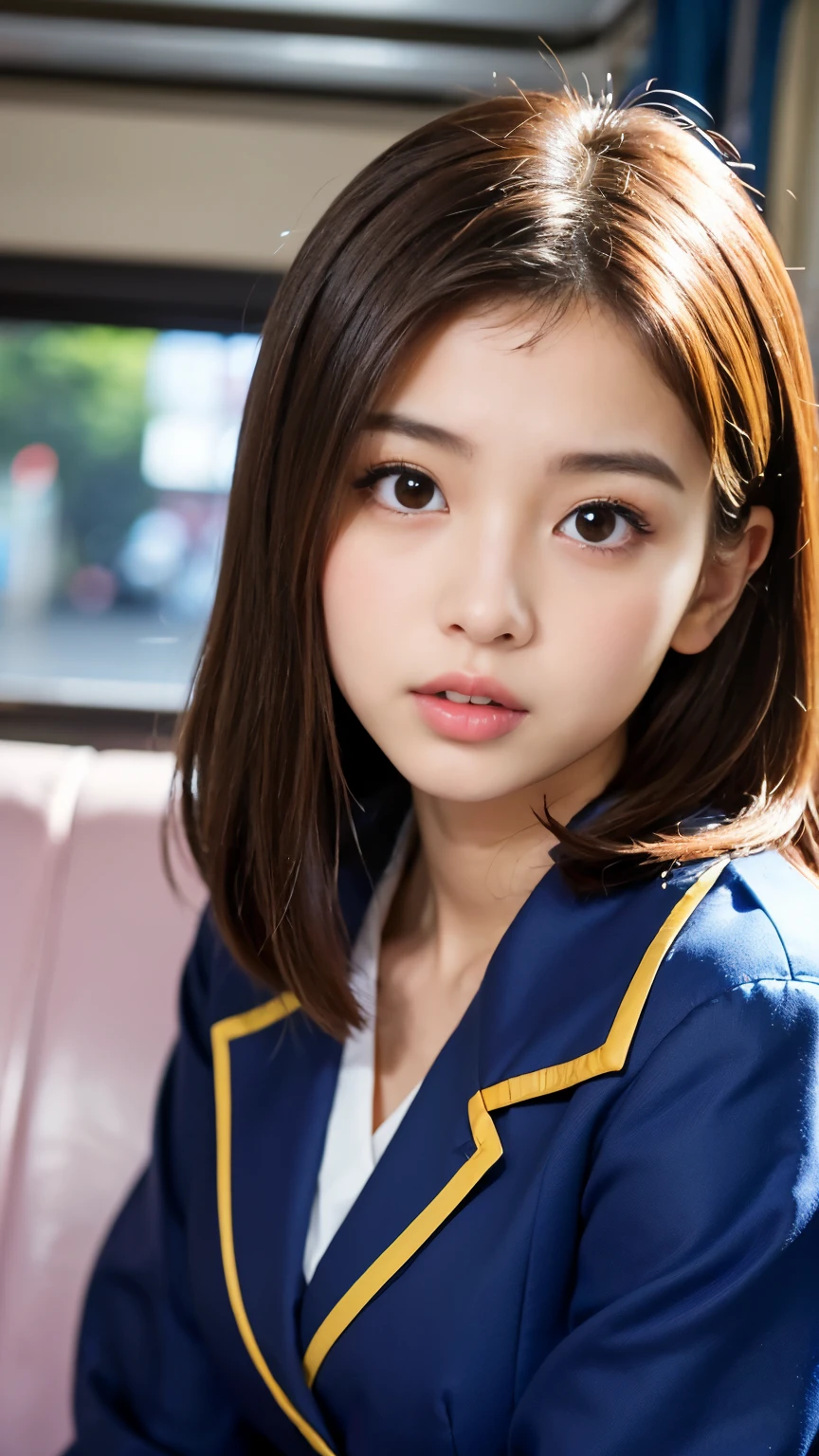 (Best-quality, Masterpiece, Ultra-High-Resolution, (Photorealistic:1.4), Raw Photo, depth of field, professional lighting, perfect anatomy, extremely details), 1girl, 15-years-old, the most famous Japanese idol, sitting on train, ((wearing Japanese high-school uniform)), looking at viewer, ((feeling very strong sexual arousal and very powerful sexual pleasure):1.2), (((extremely cute face, extremely cute and extremely big eyes, extremely beautiful skins))), extremely cute hair, extremely cute long-eyelashes, extremely cute lips, extremely cute body,