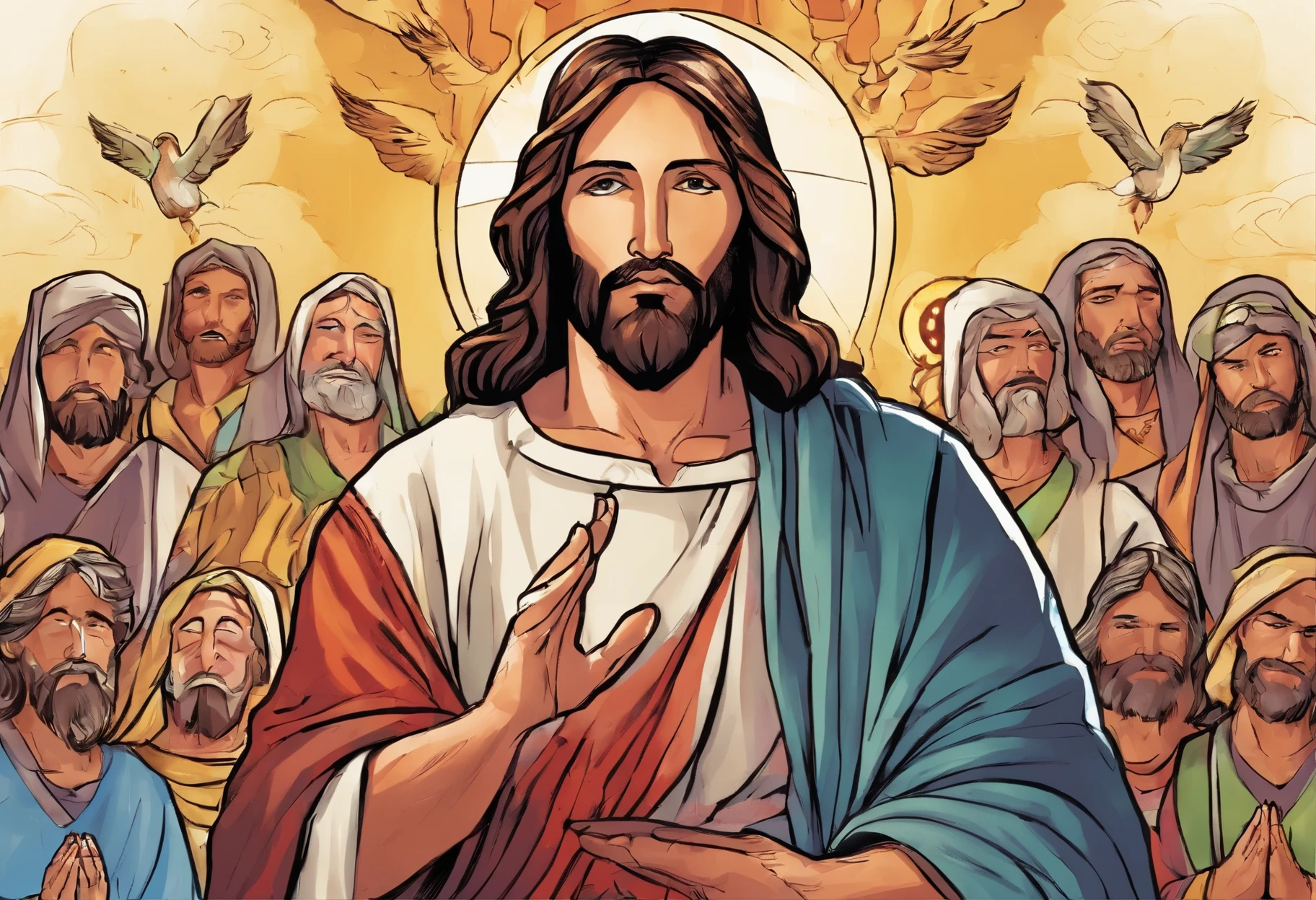 "Generate an image of Jesus in your profile, Capture in moments of deep prayer, Gently clasp your hands together,big cross."