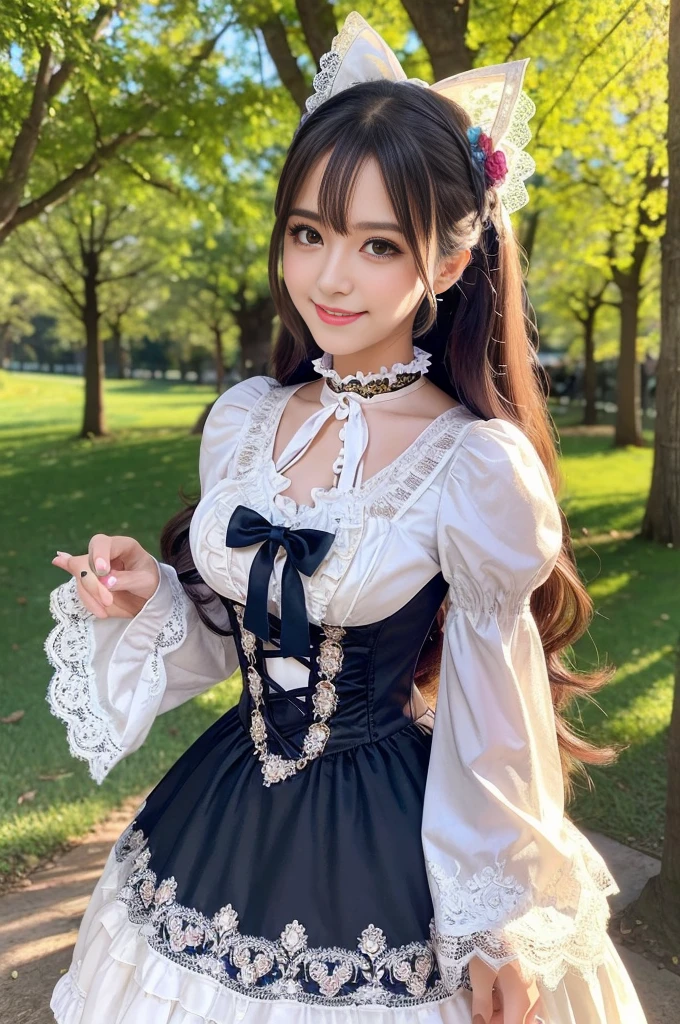 sexy stylish Brazilian model, only 1 female, ((doll-like appearance)), long natural stylish hair, ((very detailed Victorian-Style boots)), (big smile), ultra detailed eyes, very detailed eye makeup, lipgloss, long lashes, defined eyebrows, ((sexy Sweet Lolita cosplay)), bell-shaped skirt, petticoats, high neckline, puffed sleeves, ((ultra detailed lace)), ((ultra detailed embroidery)), intricate details, animals, fairy tales, heart-shaped bag, Sweet Lolita accessoires, large bow, Sweet Lolita choker, ((large sparkling Sweet Lolita jewelry)), cinematic light, detailed large park background with trees