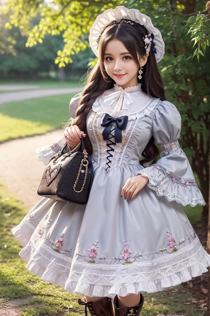 sexy stylish Brazilian model, only 1 female, ((doll-like appearance)), long natural stylish hair, ((very detailed Victorian-Style boots)), (big smile), ultra detailed eyes, very detailed eye makeup, lipgloss, long lashes, defined eyebrows, ((sexy Sweet ta cosplay)), bell-shaped skirt, petticoats, high neckline, puffed sleeves, ((ultra detailed lace)), ((ultra detailed embroidery)), intricate details, animals, fairy tales, heart-shaped bag, Sweet Loliccessoires, large bow, Sweet Lolita cr, ((large sparkling Sweet Lolita jewel, cinematic light, detailed large park background with trees 