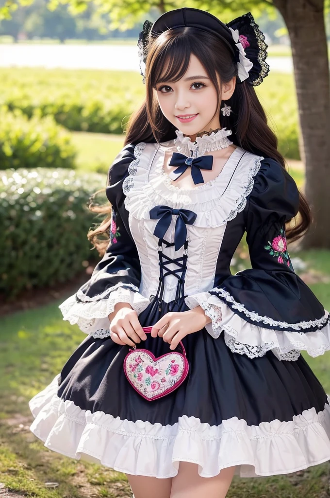 sexy stylish Brazilian model, only 1 female, ((doll-like appearance)), long natural stylish hair, ((very detailed Victorian-Style boots)), (big smile), ultra detailed eyes, very detailed eye makeup, lipgloss, long lashes, defined eyebrows, ((sexy Sweet Lolita cosplay)), bell-shaped skirt, petticoats, high neckline, puffed sleeves, ((ultra detailed lace)), ((ultra detailed embroidery)), intricate details, animals, fairy tales, heart-shaped bag, Sweet Lolita accessoires, large bow, Sweet Lolita choker, ((large sparkling Sweet Lolita jewelry)), cinematic light, detailed large park background with trees 