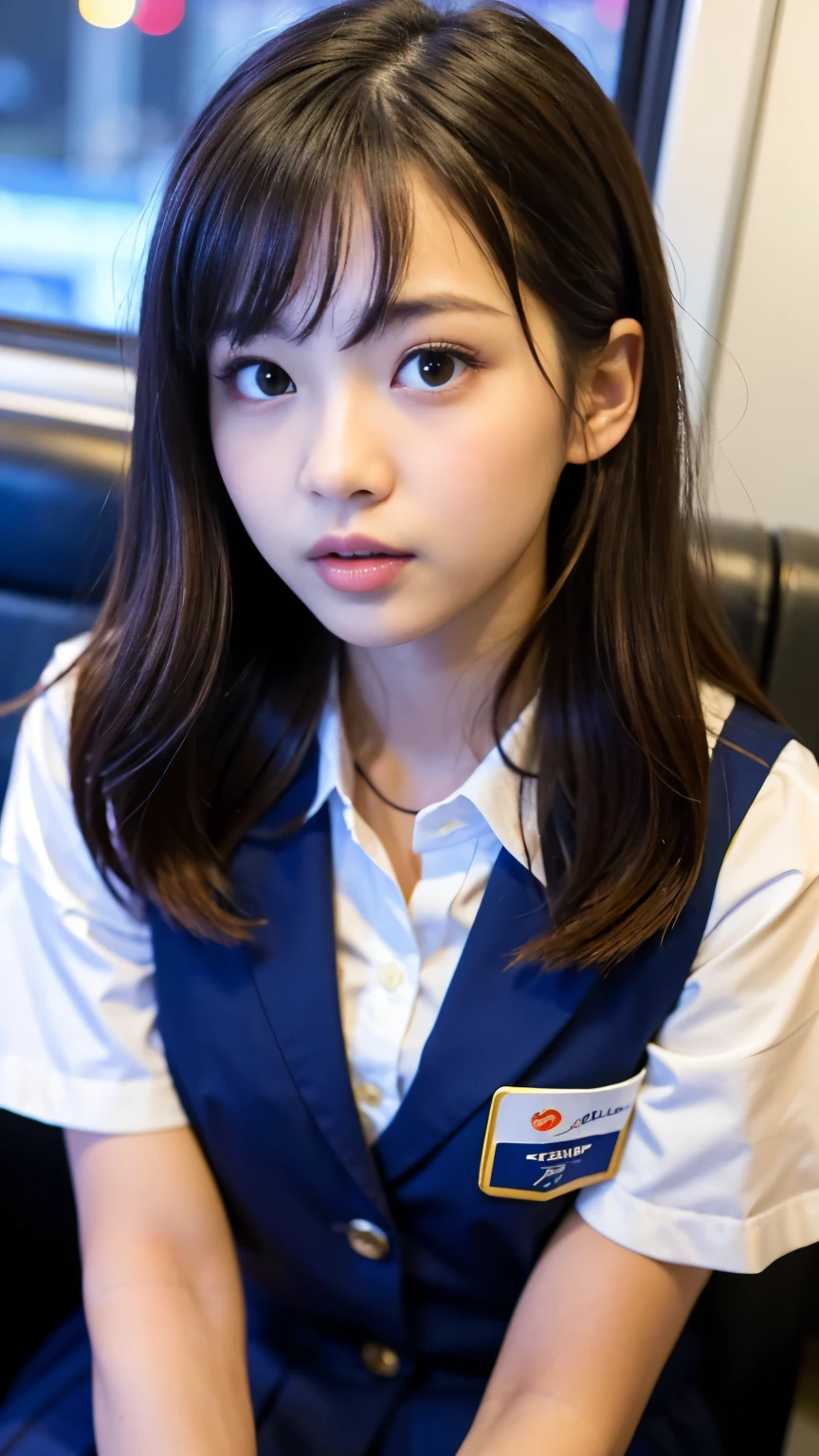 (Best-quality, Masterpiece, Ultra-High-Resolution, (Photorealistic:1.4), Raw Photo, depth of field, professional lighting, perfect anatomy, extremely details), 1girl, -yeld, thost famous Japanese idol, sitting on train, ((wearing Japanese high-school uniform)), looking at viewer, ((feeling very strong sexual arousal and very powerful sexual pleasure):1.3), extremely cute face, extremely cute and extremely big eyes, extremely beautiful skins, extremely cute hair, extremely cute long-eyelashes, extremely cute lips, extremely cute body,  