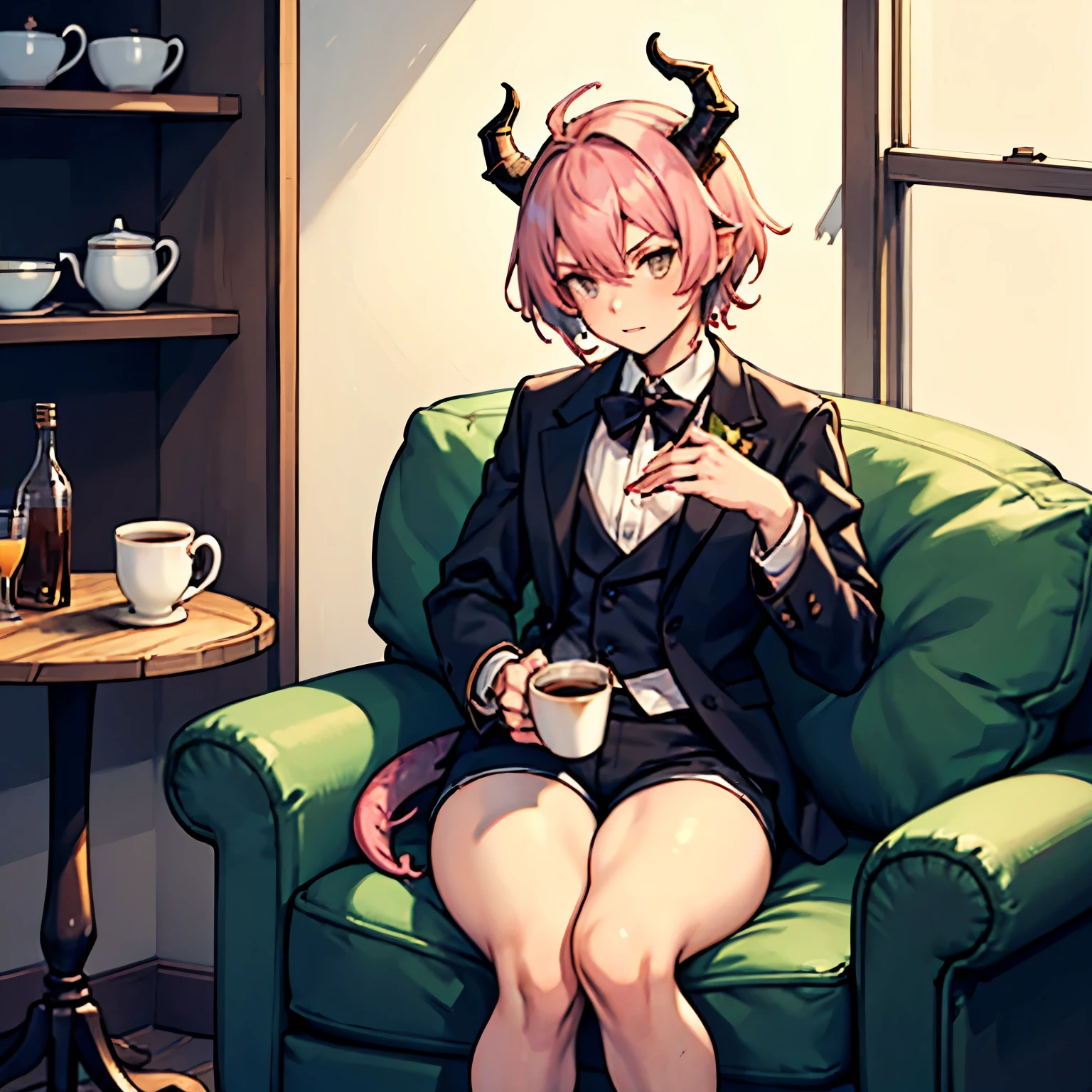 a  male femboy with pink hair dragon horns and tail wearing a suit with shorts and drinking Coffee out of a white tea cup alone in a cafe with thick thighs