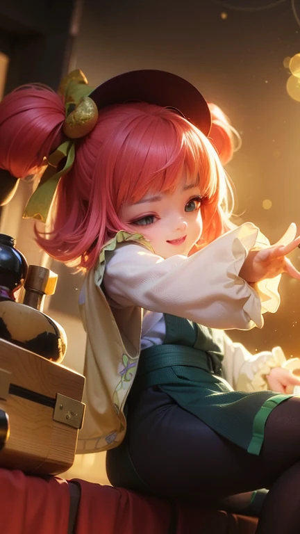(8k, RAW Photos, Realistic:1.25) ,( Lip gloss, eyelash, Shiny surface, Shiny skin, highest quality, 超High resolution, Depth of written boundary, chromatic aberration, Caustics, Wide lighting, Natural Shading, She gazes upon the viewer with a calm, goddess-like happiness., Changes from the Mobile Legends game, Black Hair, Red eyes, Green ribbon, Green kimono, Dynamic pose, universe, Lyrisem, 4K, High resolution, 1080p, smile.