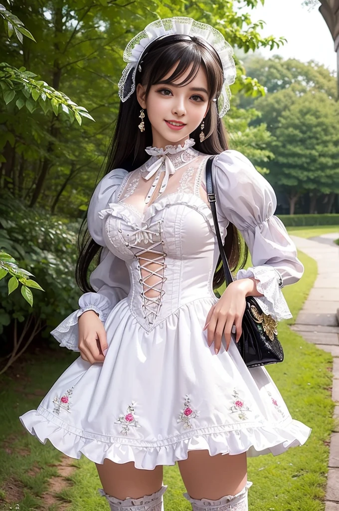 sexy stylish Brazilian model, only 1 female, ((doll-like appearance)), long natural stylish hair, ((very detailed Victorian-Style boots)), (big smile), ultra detailed eyes, very detailed eye makeup, lipgloss, long lashes, defined eyebrows, ((sexy Sweet ta cosplay)), bell-shaped skirt, petticoats, high neckline, puffed sleeves, ((ultra detailed lace)), ((ultra detailed embroidery)), intricate details, animals, fairy tales, heart-shaped bag, Sweet Loliccessoires, large bow, Sweet Lolita cr, ((large sparkling Sweet Lolita jewel, cinematic light, detailed large park background with trees