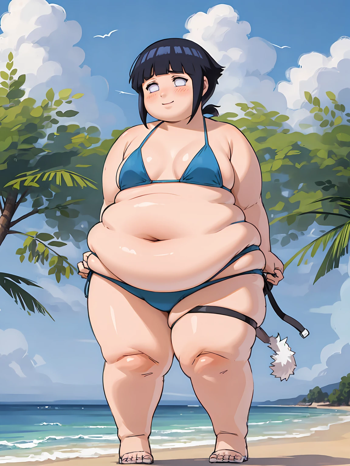 standing, shy, happy, blush, 1girl, obese hyuuga hinata, thick thighs, fat face, big cheeks, fat belly, small fat neck, cute, fat arms, black hair, white eyes, no pupils, small breats, blue bikini, ultra detailed, masterpiece, best quality, aesthetic, detailed, beach tsuname