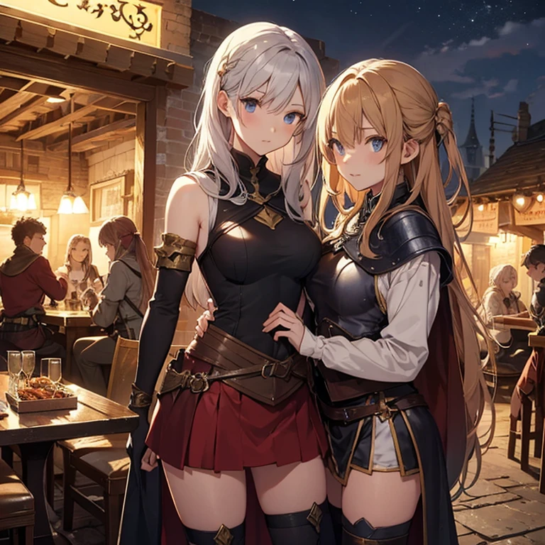 A group of  female medieval fantasy adventurers, (in tavern), various hair styles, harem, night, details face, short skirt, seducing, sleeveless, armor 