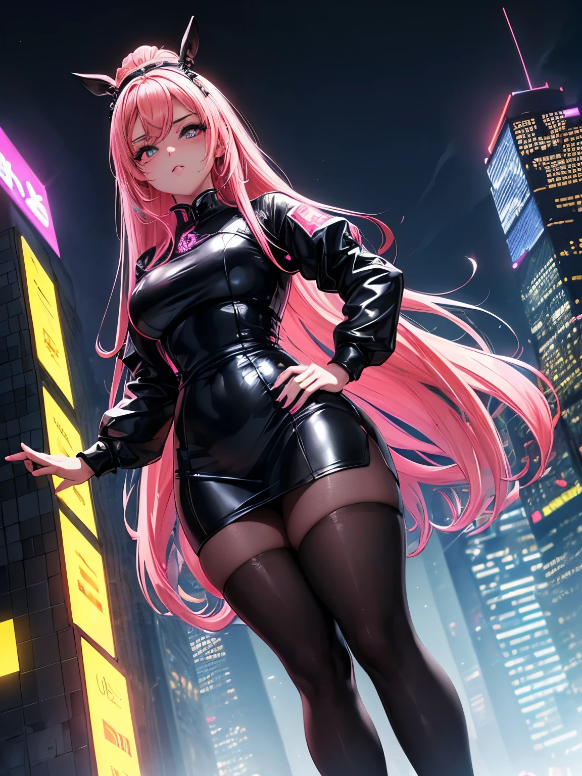 anime, (obra de arte, melhor qualidade, ultra-detalhado, Alto contraste), 1 mulher (sozinho, corpo todo, corpo plus size, standing on the edge of the skyscraper, cabelo prateado, LONGO em um rabo de cavalo, olhos vermelhos, olhos perfeitos brilhos de rubi, (qipao preto simples, black cybernetics with neon pink), Meias pretas transparentes), (skyscraper roof, com vista para uma cidade, fundo detalhado ((Night time, darkness, low light pollution)))