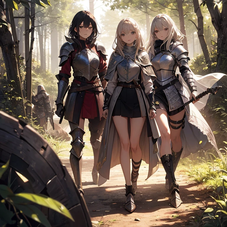 A group of female knight, (in forest), various hair styles, harem, wearing armored clothes, metal armor, night, details face, , short skirt, seducing, sword