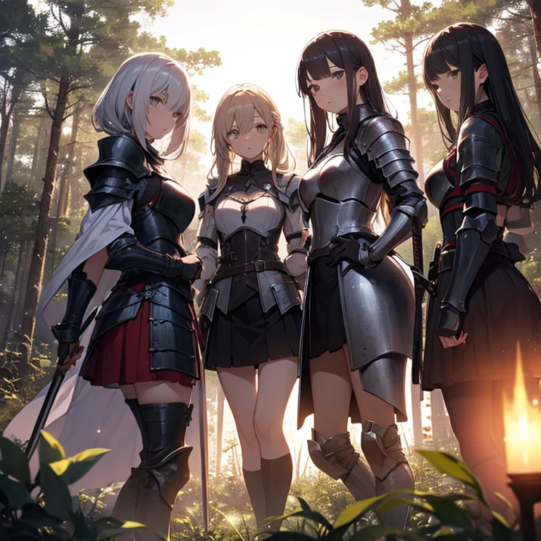 A group of female knight, (in forest), various hair styles, harem, wearing armored clothes, metal armor, night, details face, , short skirt, seducing, sword