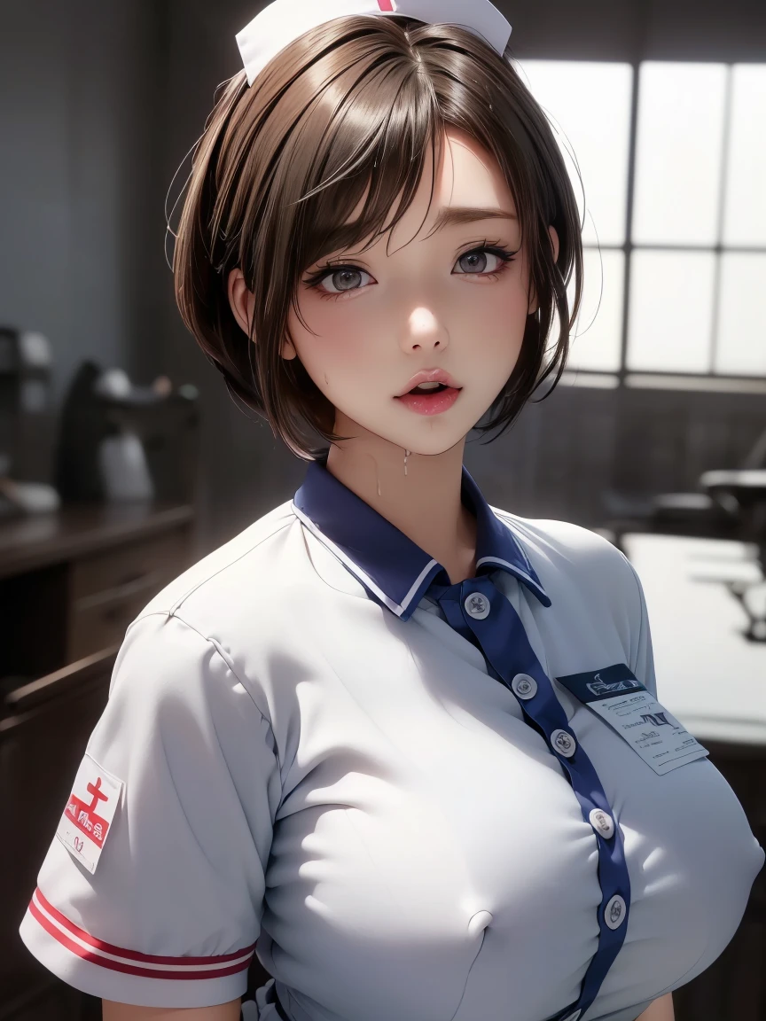 20 year old Japanese woman,(非常にdetailedな肌),Curvy,,Beautiful big ,(Very large breasts),Pale skin,Pointed Chest,Erect nipples,(Fantasy art,Best image quality,Hyperrealist portrait,(8k),Ultra-realistic,最high quality, high quality, High resolution, high quality texture,Attention to detail,Beautiful details,detailed,Extremely detailed CG,detailed Texture,Realistic facial expressions,masterpiece,in front,dynamic,bold),(((short pixie cut))),(Very thin hair),(Very soft hair),(Super Straight Hair:1.5),length, sleek bangs,Very light coppery amber hair,Hair in one eye、((Wearing a nurse uniform'uniform)), (( I can see her ass ))((Not wearing panties)) ,(((sit astride a high-backed chair))) (((Sit with your chest against the backrest))) (((Rear View))) (((Photo from behind))) (((Genitals exposed and wet))) (((彼女はAccentuate your buttために背中を反らせている))) (((The lines of the body are clearly visible)))、(((Depiction of beautiful fingers))) (((Beautiful body depiction))) (((Sit with your legs apart)))、(((Accentuate your butt)))、(((Full body photo)))、(((Low angle photo)))、(((Correct ankle orientation)))(((The correct number of legs))) (((Accurate Body Composition))) (((Accurate rear view)))(((Strictly adhere to the configuration from behind)))