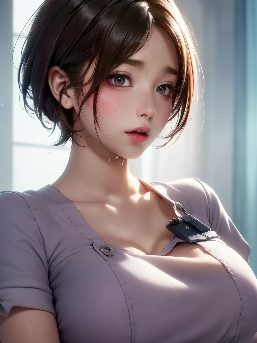 20 year old Japanese woman,(非常にdetailedな肌),Curvy,,Beautiful big ,(Very large breasts),Pale skin,Pointed Chest,Erect nipples,(Fantasy art,Best image quality,Hyperrealist portrait,(8k),Ultra-realistic,最high quality, high quality, High resolution, high quality texture,Attention to detail,Beautiful details,detailed,Extremely detailed CG,detailed Texture,Realistic facial expressions,masterpiece,in front,dynamic,bold),(((short pixie cut))),(Very thin hair),(Very soft hair),(Super Straight Hair:1.5),length, sleek bangs,Very light coppery amber hair,Hair in one eye、((Wearing a nurse uniform'uniform)), (( I can see her ass ))((Not wearing panties)) ,(((sit astride a high-backed chair))) (((Sit with your chest against the backrest))) (((Rear View))) (((Photo from behind))) (((Genitals exposed and wet))) (((彼女はAccentuate your buttために背中を反らせている))) (((The lines of the body are clearly visible)))、(((Depiction of beautiful fingers))) (((Beautiful body depiction))) (((Sit with your legs apart)))、(((Accentuate your butt)))、(((Full body photo)))、(((Low angle photo)))、(((Correct ankle orientation)))(((The correct number of legs))) (((Accurate Body Composition))) (((Accurate rear view)))(((Strictly adhere to the configuration from behind)))