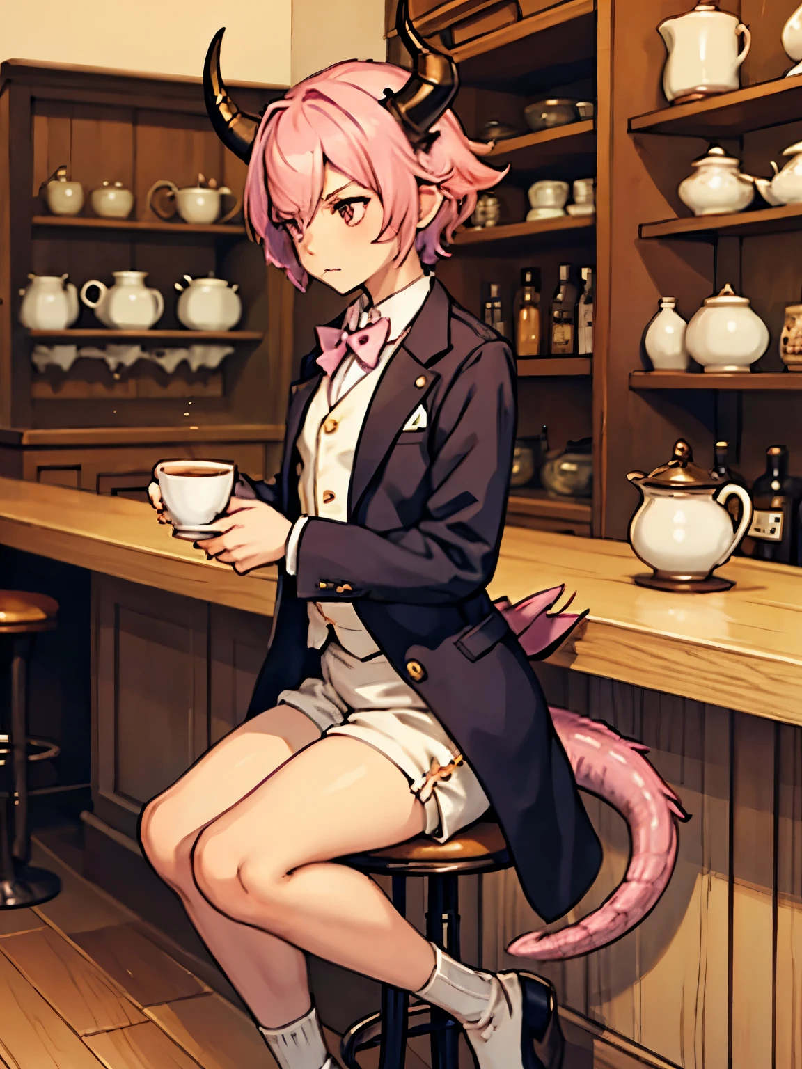 a small male femboy with pink hair dragon horns and tail wearing a suit with shorts and drinking Coffee out of a white tea cup alone in a cafe with thick thigh