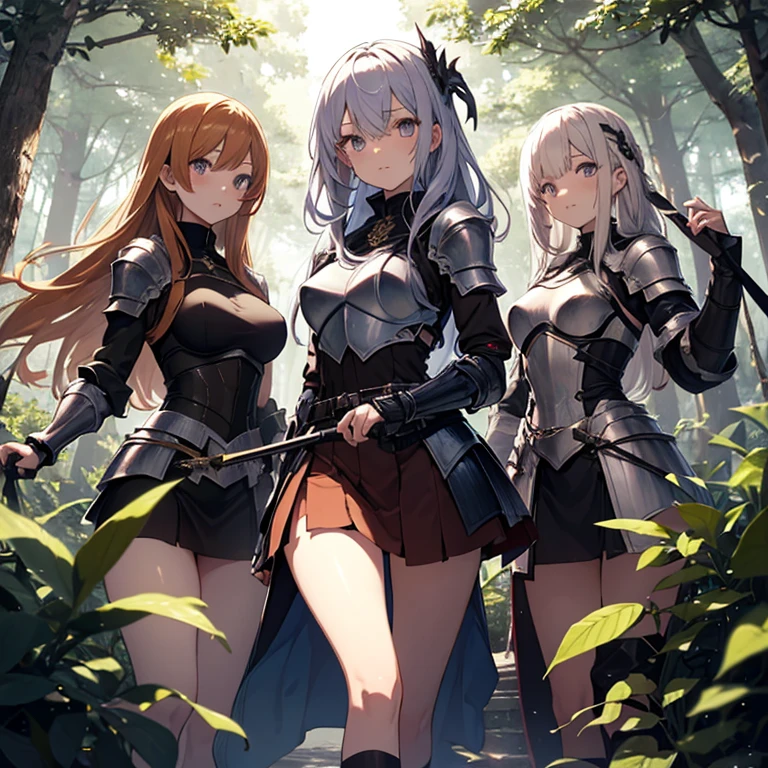 A group of  female knight, (in forest), various hair styles, harem, wearing armored clothes, metal armor, night, details face, , short skirt, seducing, sword 