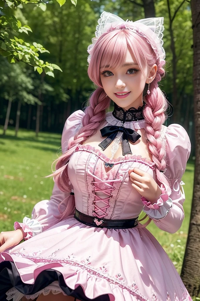 sexy stylish Swedish model, only 1 female, ((doll-like appearance)), long neon pink stylish hair, ((shiny Victorian-Style boots)), (big smile), ultra detailed eyes, very detailed eye makeup, lipgloss, long lashes, defined eyebrows, ((sexy Sweet Lolita cosplay)), bell-shaped skirt, petticoats, high neckline, puffed sleeves, ((ultra detailed lace)), ((ultra detailed embroidery)), intricate details, animals, fairy tales, heart-shaped bag, Sweet Lolita accessoires, large bow, Sweet Lolita choker, ((large sparkling Sweet Lolita jewelry)), cinematic light, detailed large park background with trees