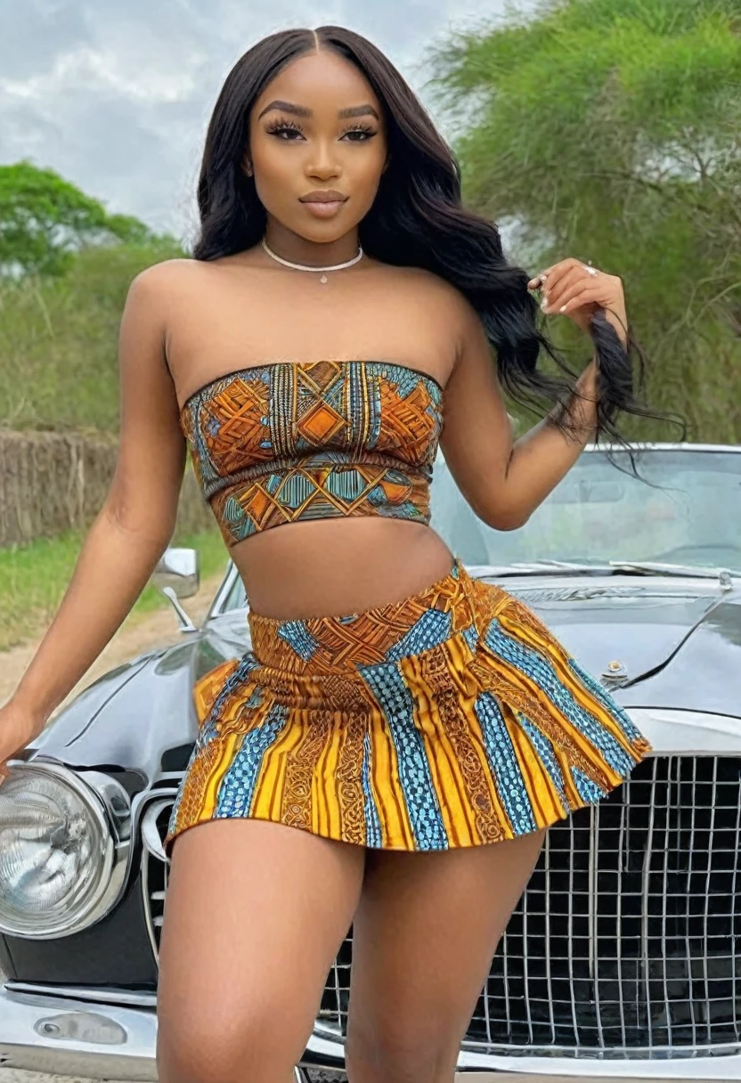 (best high quality:1.5), obra de arte, ((8k)), extremely detailed, (High details:1.4), (Hotlexi woman), Solo, 24 years old African female, (micro-skirt and crop top strapless),