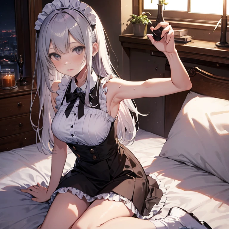 A maid, (in bedroom), various hair styles, harem, night, details face, short skirt, seducing, sleeveless, sweaty armpits