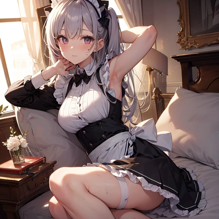 A  maid, (in bedroom), various hair styles, harem, night, details face, short skirt, seducing, sleeveless, sweaty armpits 