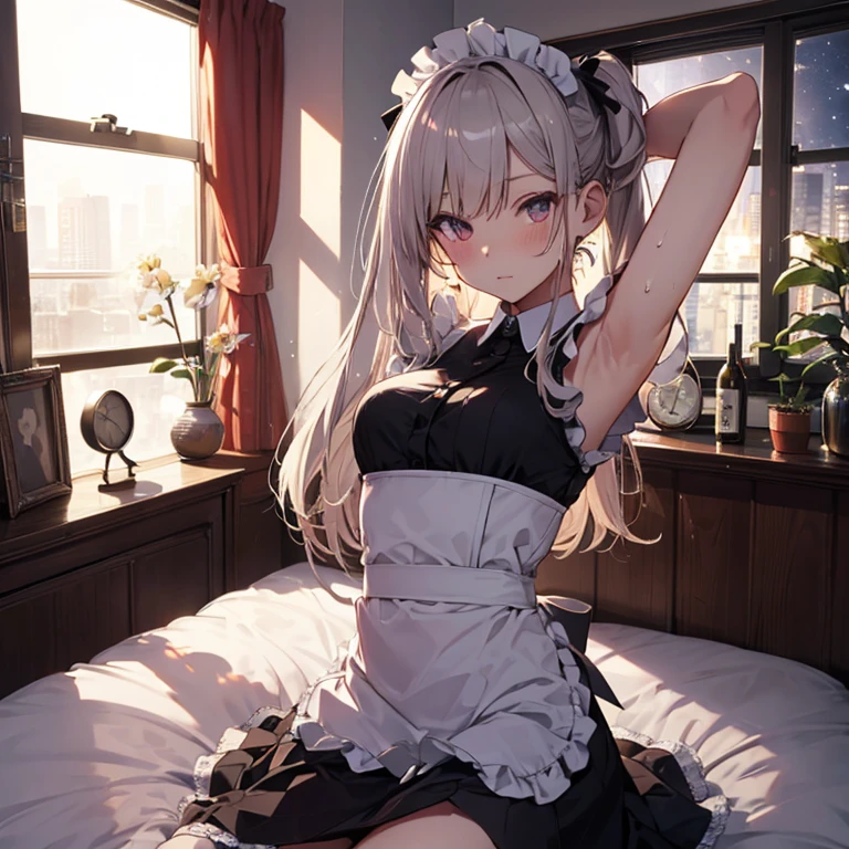 A maid, (in bedroom), various hair styles, harem, night, details face, short skirt, seducing, sleeveless, sweaty armpits