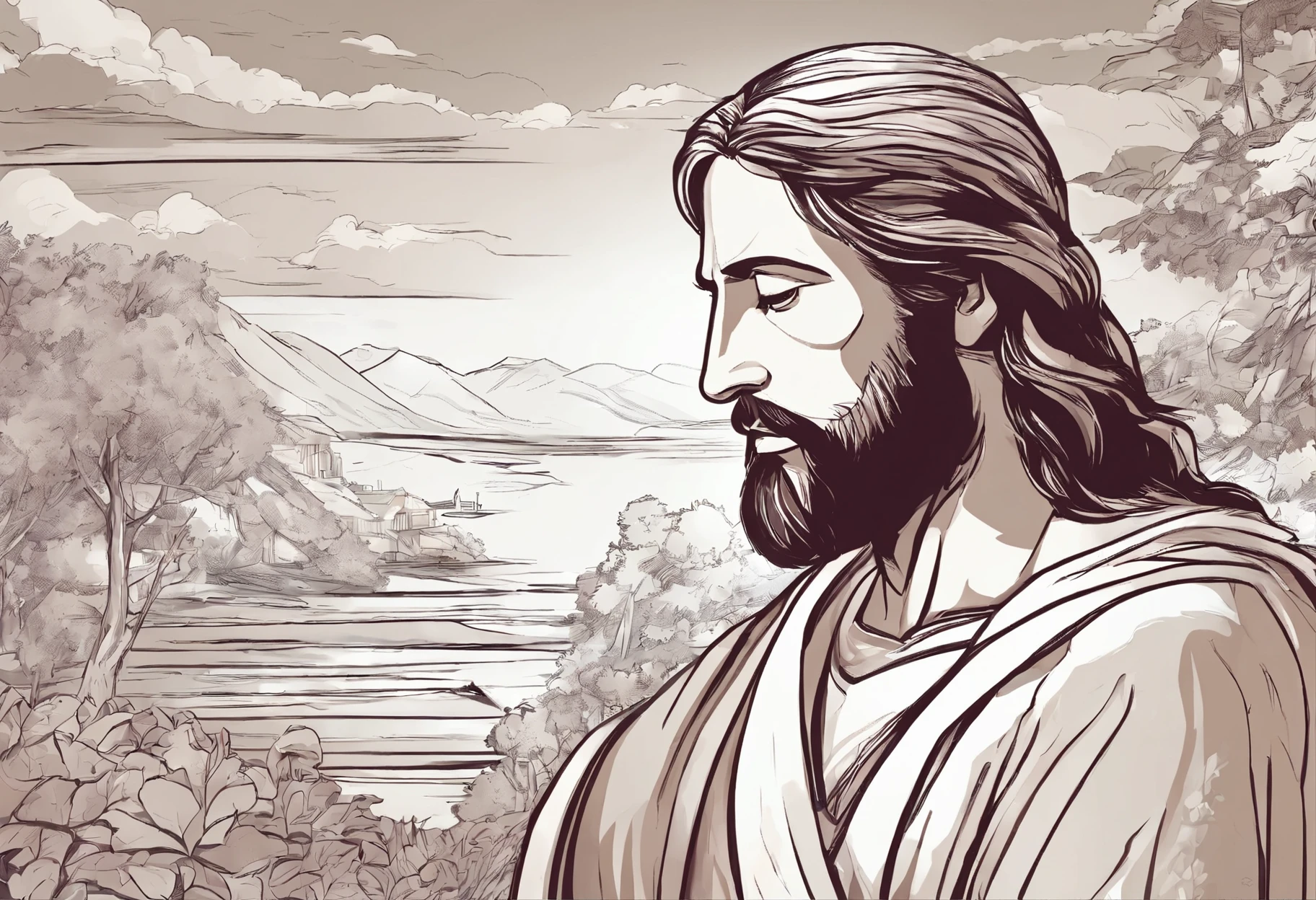 "Generate an image of Jesus in your profile, Capture in moments of deep prayer, Gently clasp your hands together,big cross."