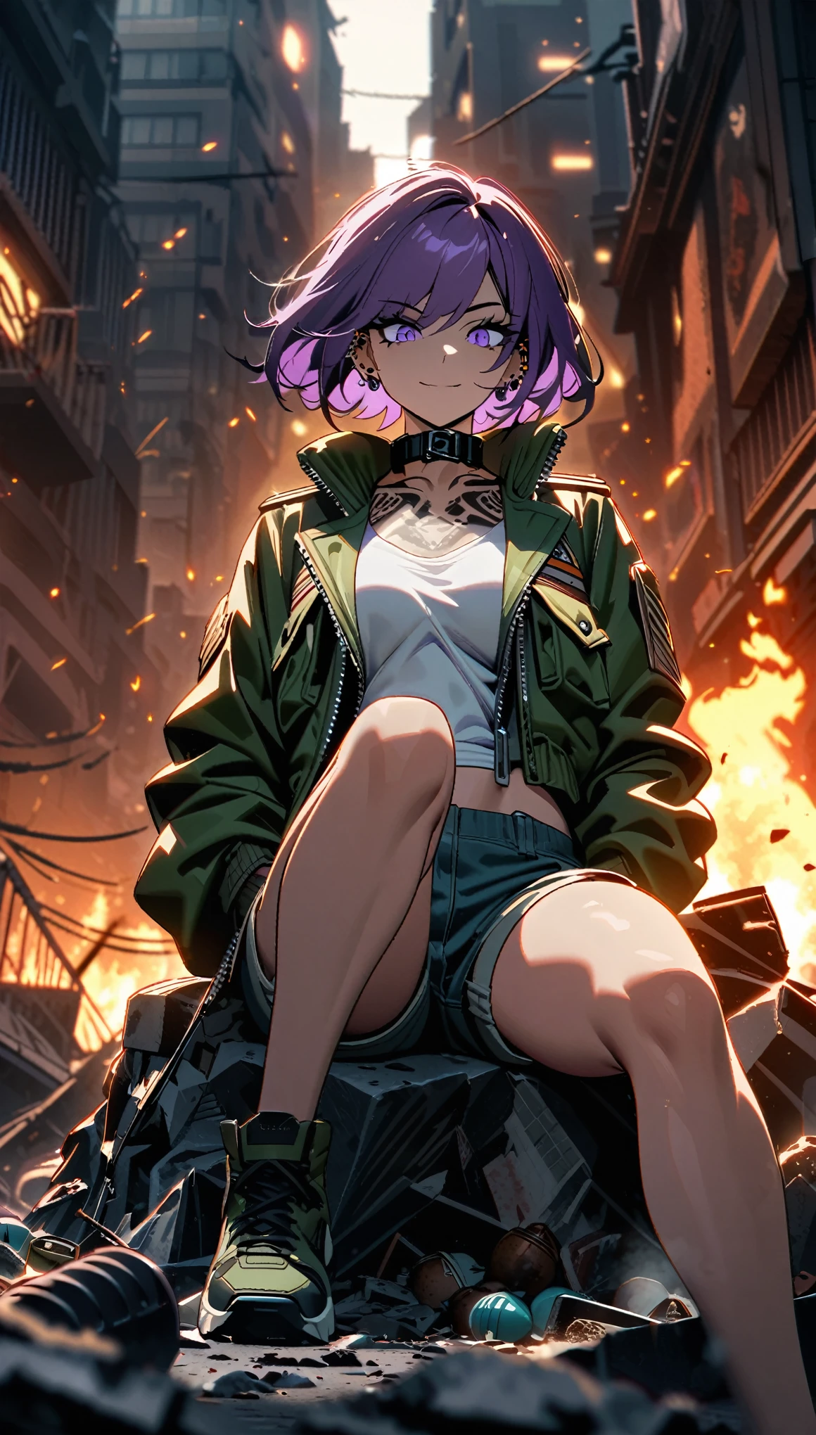 hyperdetailed cinematic comic artwork of a badass punkgirl,sitting on a pile of trash, open legs, she is looking down to you, mischevious, busy street, wearing a militar jacket, shorts, tattoos over the skin, sensual, detailed body, purple hair, cap, confident smile, 8k, perfect anatomy, depth of field, apocalypse background, destroyed city, trash, dark, at night, fire, smoke, green jacket, perfect face, expressive eyes, extreme shading, dramatic lighting, particles, short hair, stylish, grenades, jacket full of pockets and zippers, collars, piercings,