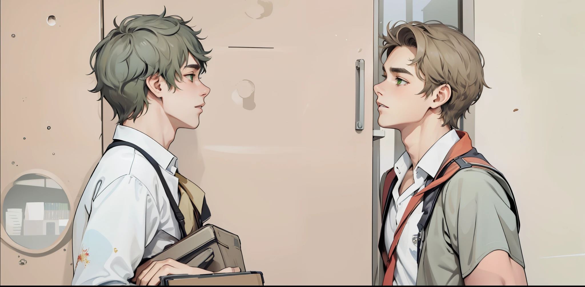 , they are in school, their hair is dark brown, their green eyes are sad.
