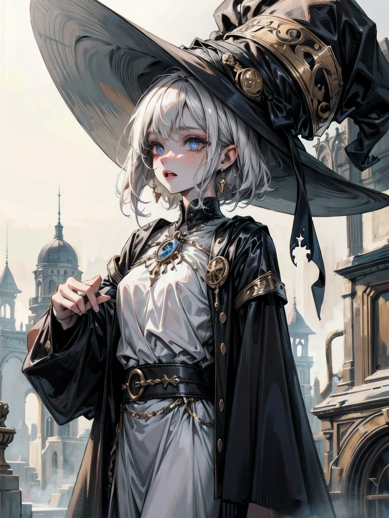whole body, modern witch outfit, hat, absurdres, RAW photo, extremely delicate and beautiful, masterpiece, Best Quality, ultra high resolution, 32k, hyperrealistic, ultra-detailed, perfect figure, perfect shape, detailed description, pale skin, 20 years old, detailed beautiful face and eyes, tearful mole, earring, short medium hair, wavy hair,