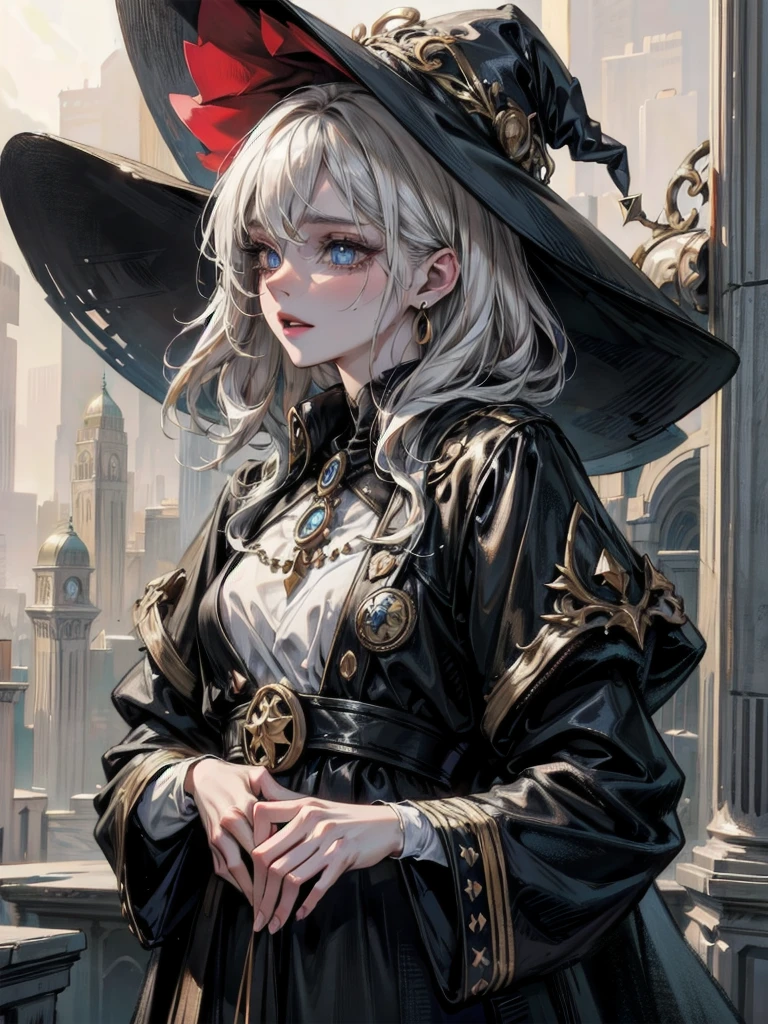 whole body, modern witch outfit, hat, absurdres, RAW photo, extremely delicate and beautiful, masterpiece, Best Quality, ultra high resolution, 32k, hyperrealistic, ultra-detailed, perfect figure, perfect shape, detailed description, pale skin, 20 years old, detailed beautiful face and eyes, tearful mole, earring, short medium hair, wavy hair,