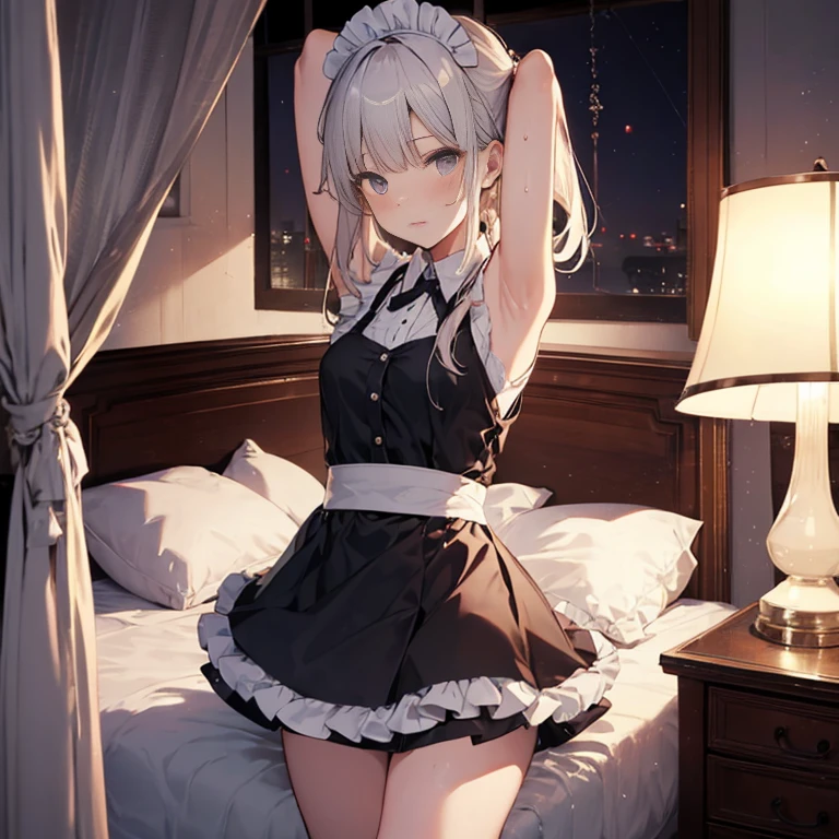 A maid, (in bedroom), various hair styles, harem, night, details face, short skirt, seducing, sleeveless, sweaty armpits