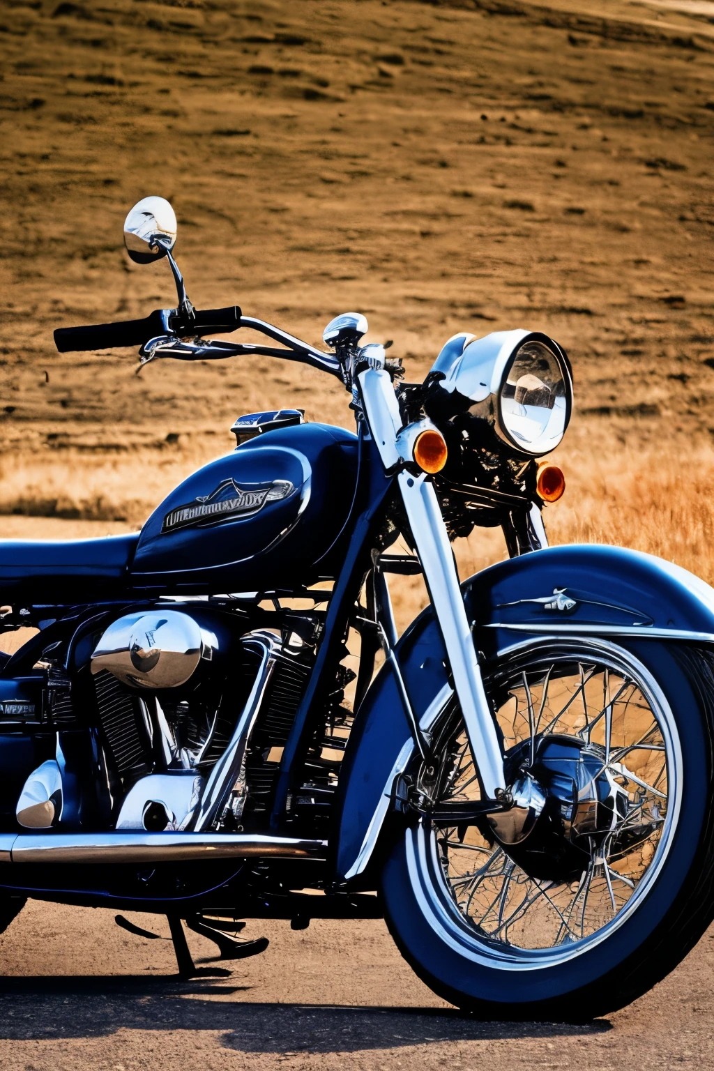 Photo of a vintage motorcycle , it’s a Harley Davidson from 1955, shot from the side, dessert , dusk, film photography style, 4k.