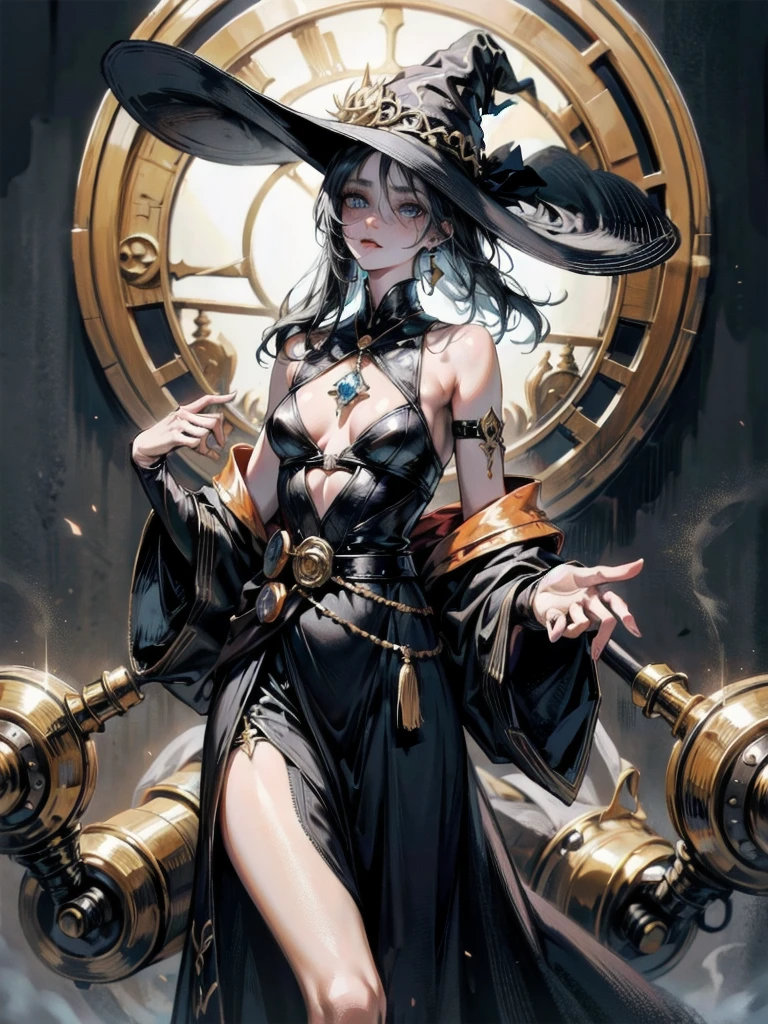 whole body, modern witch outfit, hat, absurdres, RAW photo, extremely delicate and beautiful, masterpiece, Best Quality, ultra high resolution, 32k, hyperrealistic, ultra-detailed, perfect figure, perfect shape, detailed description, pale skin, 20 years old, detailed beautiful face and eyes, tearful mole, earring, short medium hair, wavy hair,