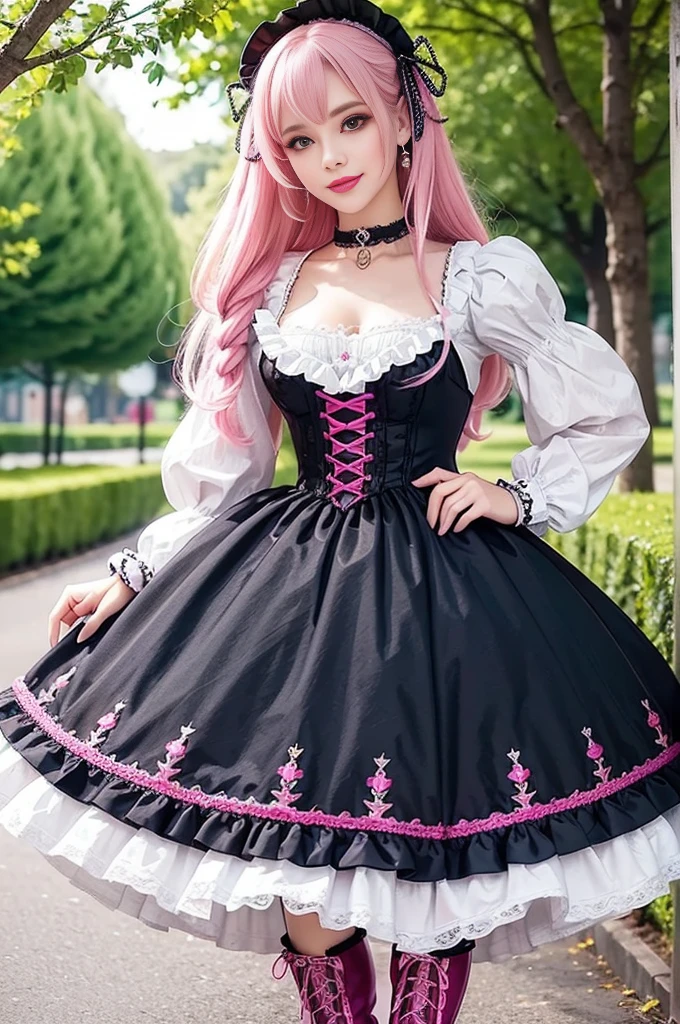 sexy stylish Swedish model, only 1 female, ((doll-like appearance)), long neon pink stylish hair, ((shiny Victorian-Style boots)), (big smile), ultra detailed eyes, very detailed eye makeup, lipgloss, long lashes, defined eyebrows, ((sexy Sweet ta cosplay)), bell-shaped skirt, petticoats, high neckline, puffed sleeves, ((ultra detailed lace)), ((ultra detailed embroidery)), intricate details, animals, fairy tales, heart-shaped bag, Sweet Loliccessoires, large bow, Sweet Lolita cr, ((large sparkling Sweet Lolita jewel, cinematic light, detailed large park background with trees 