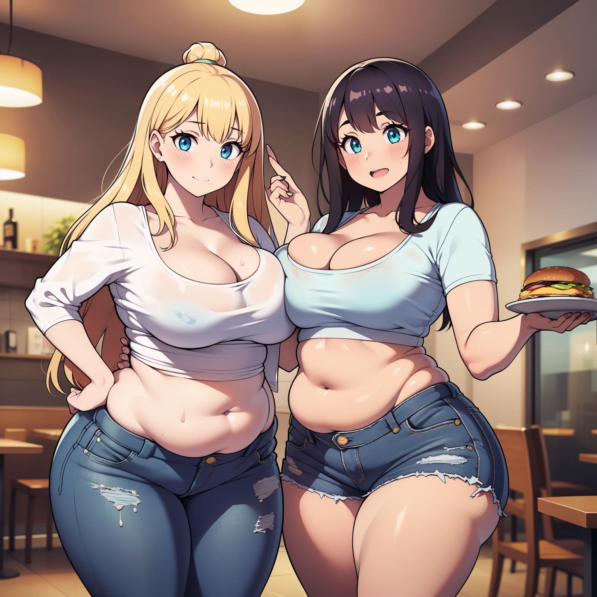 ((highres)), Masterpiece, high quality, best quality, beautiful, perfect lighting, detailed face, ultra cute face, ((2girls)), (blush), one girl has blonde hair, blue eyes, crop top and shorts, one girl has brown hair, green eyes, jeans, white shirt, fast food restaurant, cleavage, medium breasts, ((wide hips)), (thick thighs), ((plump), chubby belly, (belly grab), fat folds, standing next to each other,