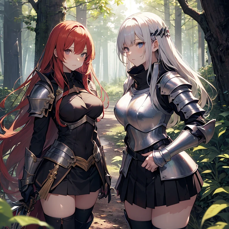 A group of  female knight, (in forest), various hair styles, harem, wearing armored clothes, metal armor, night, details face, , short skirt, seducing, sword 
