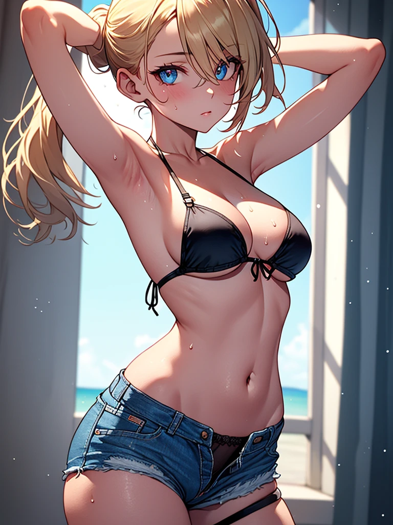 (highest quality, High resolution, perfect pixel, Depth of bounds written, 4K), (cowboy shot), (from side:1.2), bed, detailed eyes, (1 lady), tall, (skinny body:1.2), (thin thighs:1.2), (Narrow hips:1.2), middle breasts, blond hair, (ponytail:1.2), (black triangle bikini:1.2), (denim short pants), (unbutton:1.3), (panty strap:1.3), (sexy pose), (swayback stance:1.2), (arms behind head:1.2), (standing:1.2), (contrapposto), (clear face), sweat, 