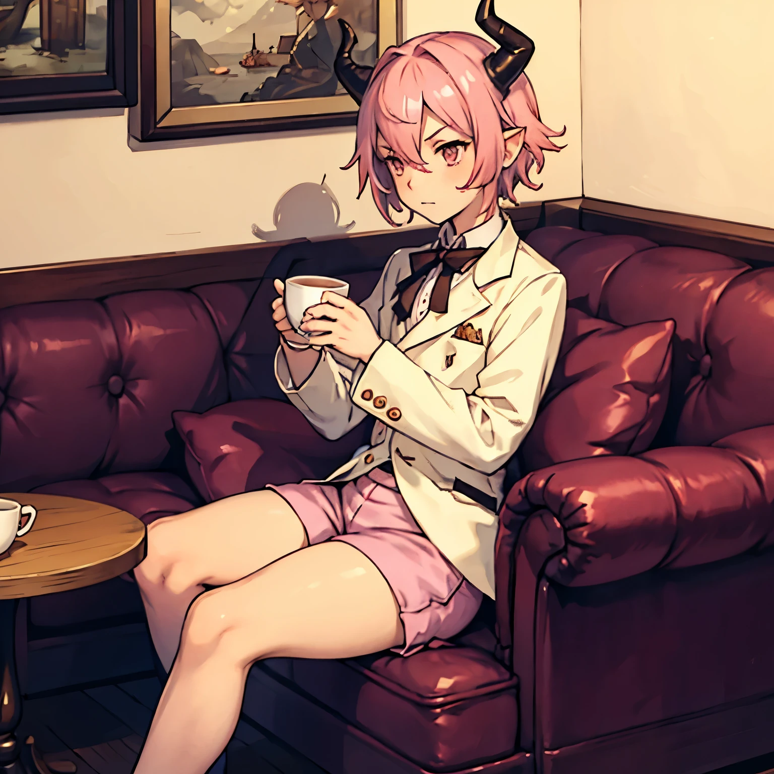 a small male femboy with pink hair dragon horns and tail wearing a suit with shorts and drinking Coffee out of a white tea cup alone in a cafe with thick thigh