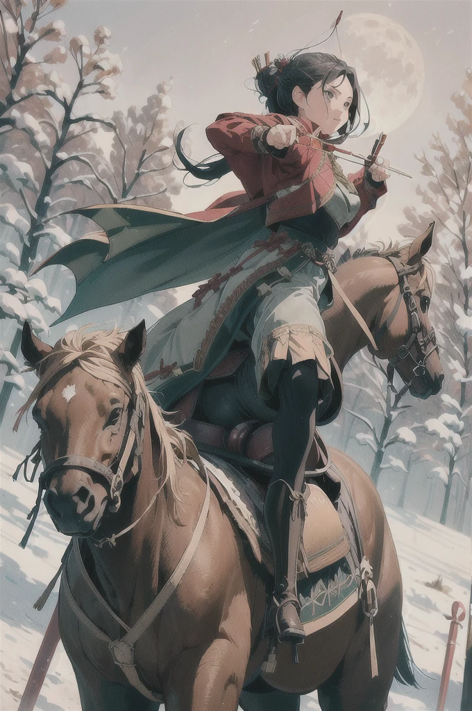 1girl, mounted archery, archery, horseback riding , horse, cape, armor, ((moon night)), masterpiece, best quality, 8k, outdoors, Ancient Chinese fortresses background, city walls, grass, snow,(late night), 
bow \(weapon\), arrow (projectile), drawing bow, aiming, holding weapon, holding bow (weapon), holding