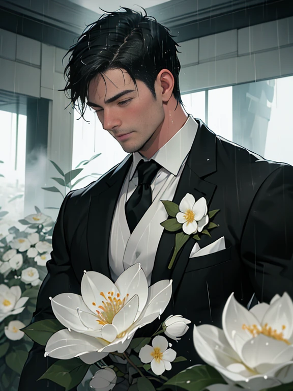 Best quality, high resolution ,A man with short hair,Black color hair, blacksuit,White flowers on the chest，[funereal]，white ribbons, maturity, silence, Closed mouth, Soaked all over, Rainy days, heavy rain, White flowers, ,(Heavy fog:1.3), Dim light, inside in room, waterface, drenched in rain,