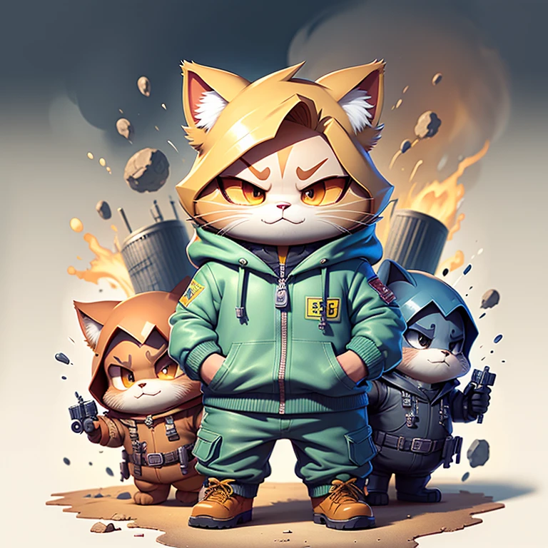 c4tt4stic, Wear explosion-proof clothing, gato，gun in hand，Use um capacete de motim，The expression is cute，meio corpo，cabelo vermelho e branco