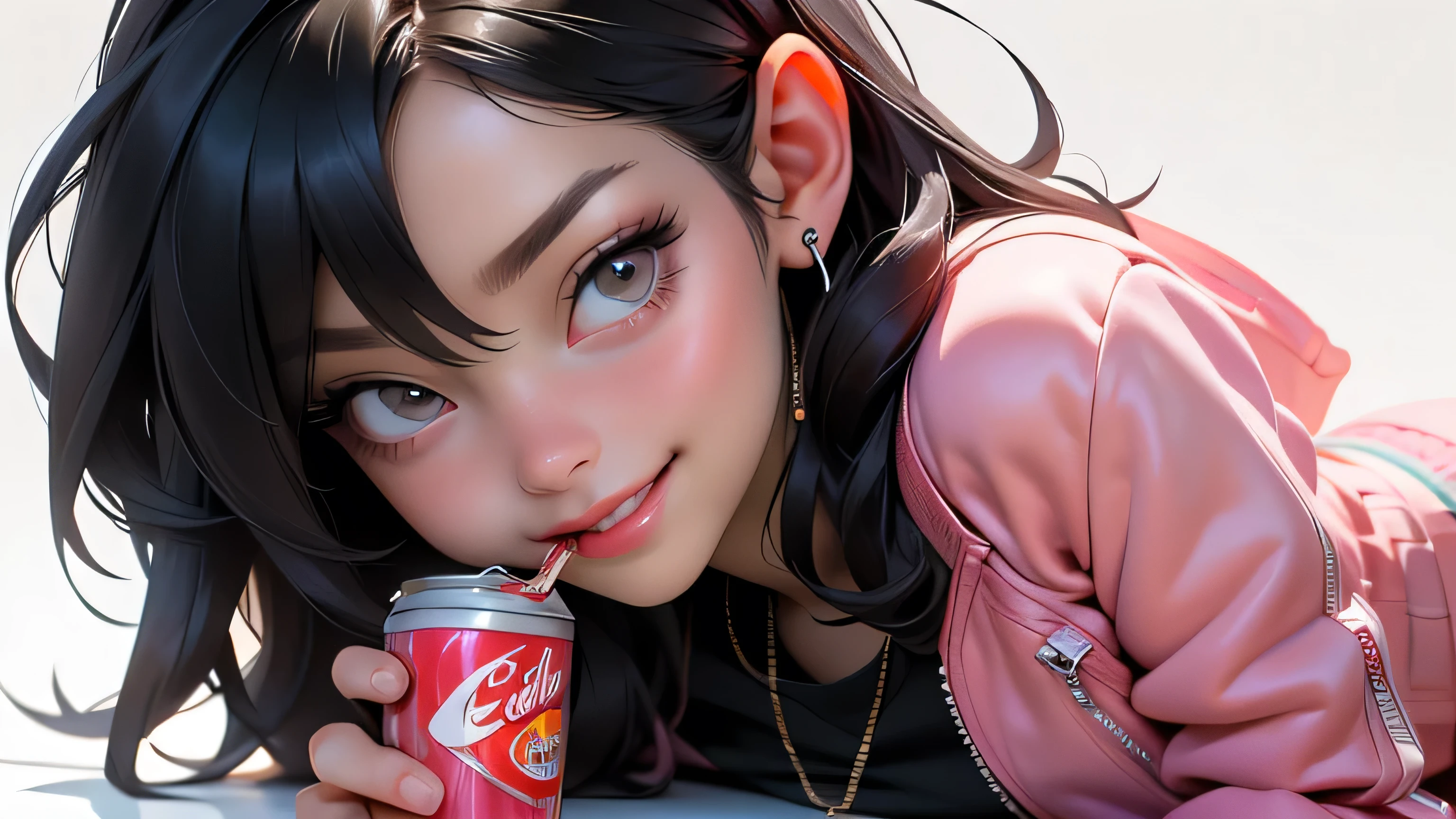 ((Best Quality, best resolution, award-winning portrait, official art)), ((perfect Masterpiece)), ((Realistic)) and ultra-detailed photography of a 1nerdy woman, 25 year old, with goth and post apocalyptic colors. She has ((long whispy long Black-colored hair)), wears a (Pink Bomber Jacket with a white Tshirt and a Black Crop top) and a (Harajuku-inspired shorts:1.2) , ((the most beautiful and sexy aesthetic)),drinking a can of soda and holding a bag of chips, Show the whole body, Leaning back, Head tilt, winking, laughting, white background, Smiling. Knee high socks,  Dynamic pose Full Body, Eating Ramen, with a small cute  brown hamster on her shoulder