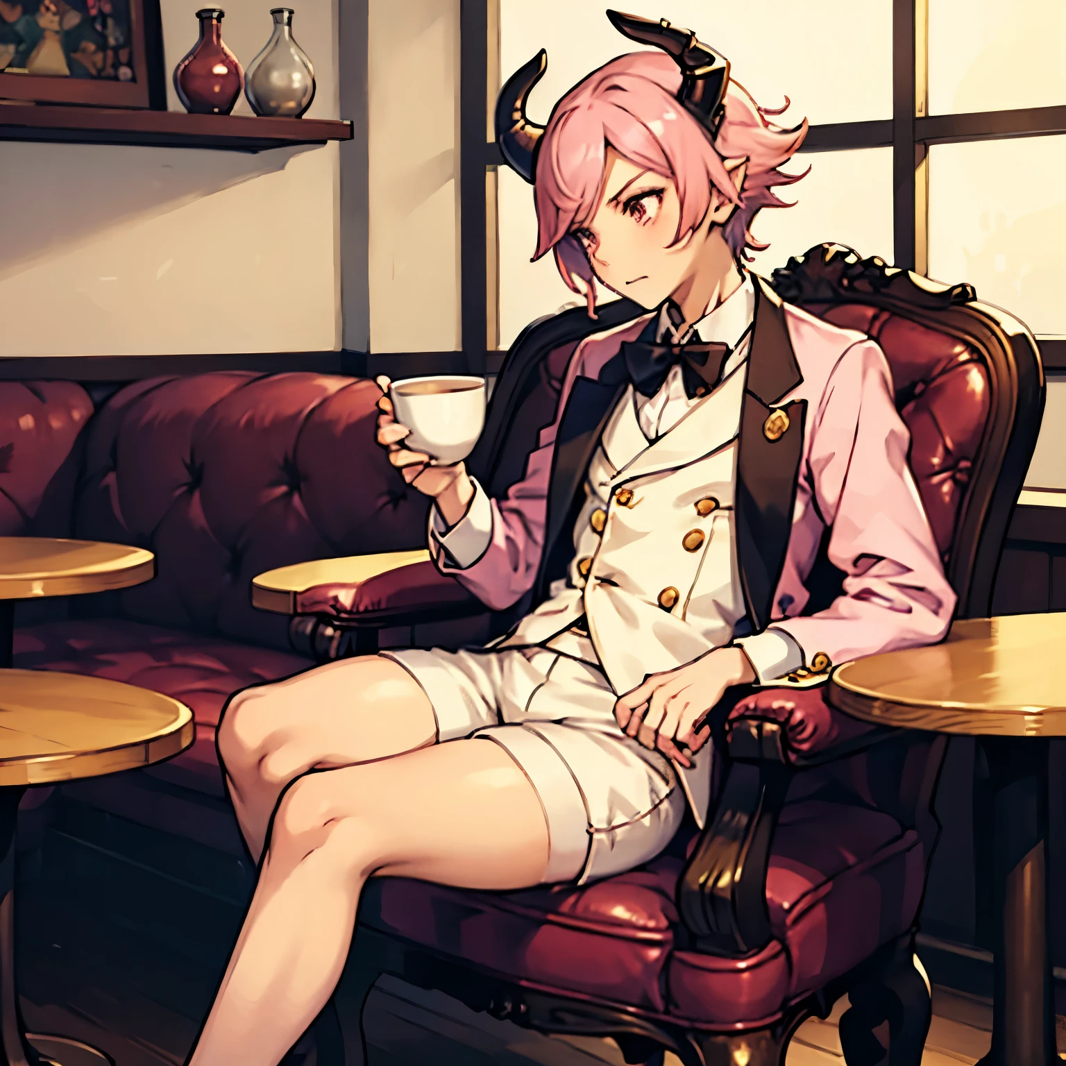 a  male femboy with pink hair dragon horns and tail wearing a suit with shorts and drinking Coffee out of a white tea cup alone in a cafe with thick thigh