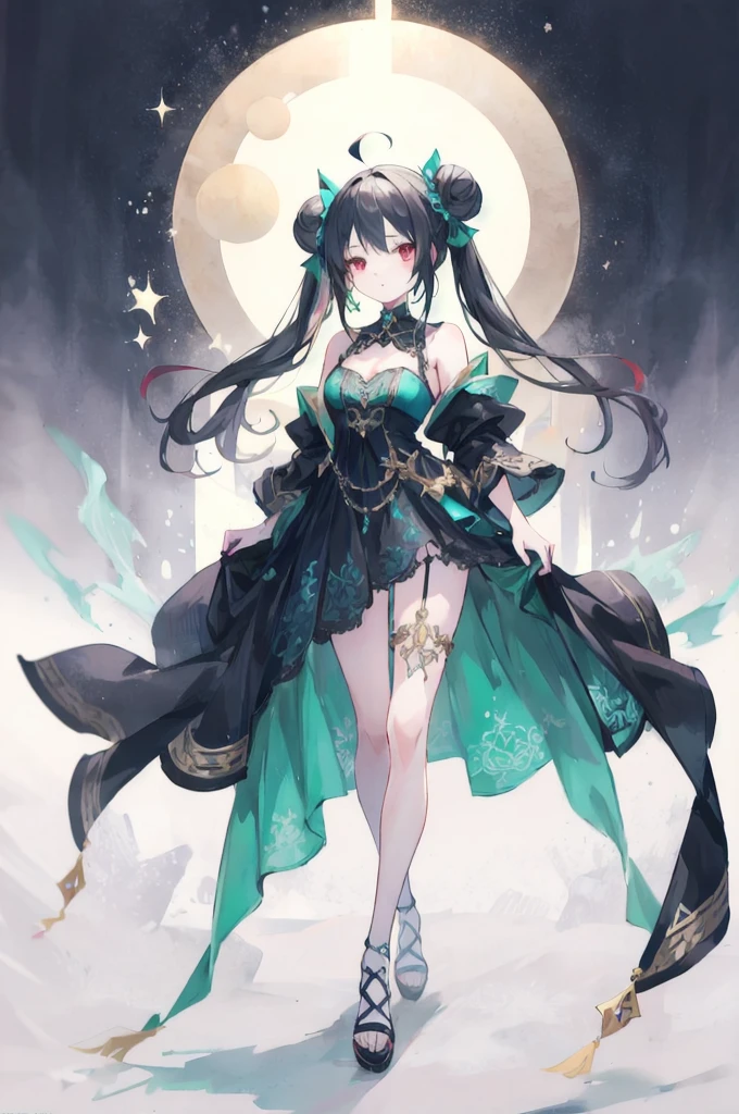 1 girl, (solo), 16 years old, Extra long black hair tied into twintails with double buns, ahoge, red eyes, green and black dress in a black and green dress, outfit design, flowing dress and leather, ornate flowing dress ornate dark green clothing, ornate cosplay, clothes, intricate costume design, intricate fantasy dress, anime woman fullbody art, ornate attire, fashionable clothing, character full body fantasy outfit