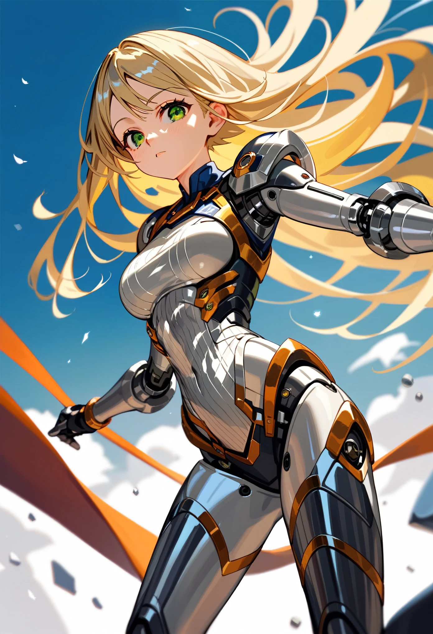 1girl,solo,Sala,original,blonde hair ,green eyes,silver bodysuit,hero bodysuit,metallic clothes,ultra-detailed,sharp focus,aesthetic,(best quality) ,score_9, score_8_up, score_7_up,source_anime,rating_safe,(((flat color)))